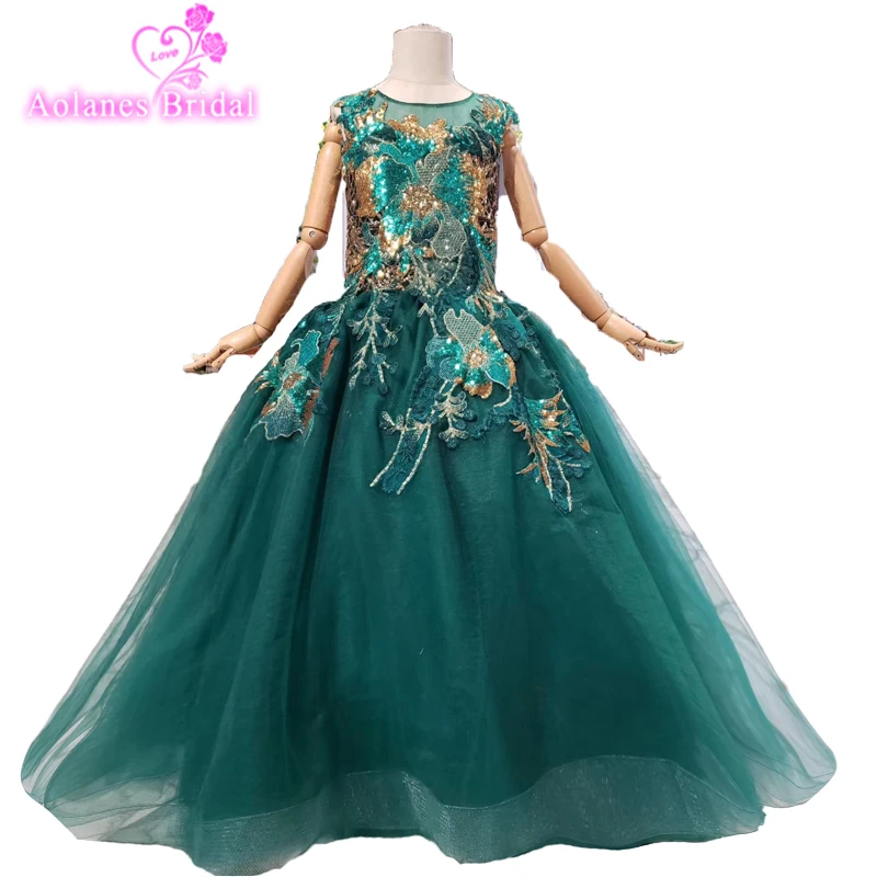 Бальные платья принцессы с пачкой Детские пышные Блестящие Зеленые кружевные