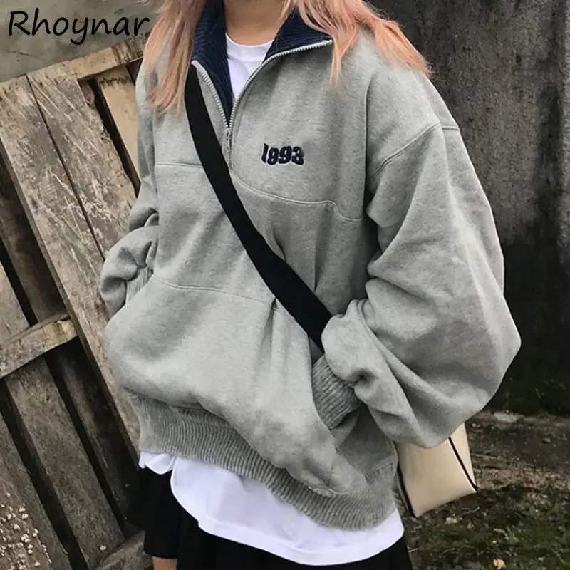 

Sweatshirts Women Retro Turn Down Collar Embroidery Casual Simple Spring Fashion Full Sleeve Lazy Loose Soft Preppy Bf Daily Ins