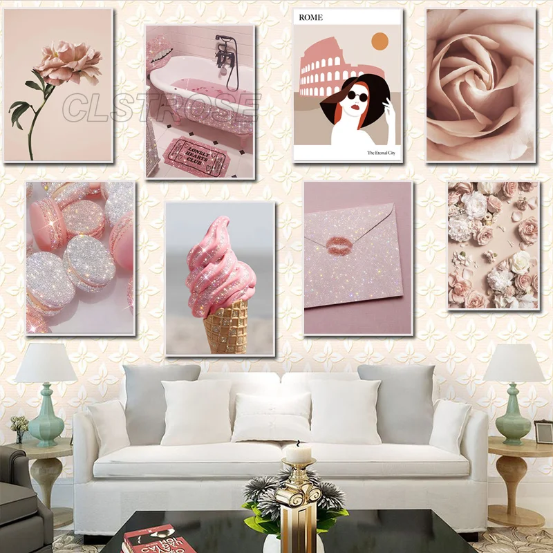 

Modern Flower Pink Wall Art Canvas Glitter Flower Poster Nordic Girl Bedroom Decoration Picture Painting Living Room Decoration