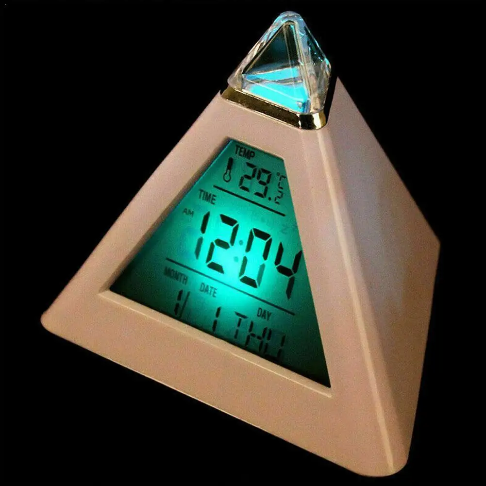 

Triangle Pyramid Digital Alarm Clock Colorful Backlight Change Clock Perpetual Calendar Thermometer Home Decoration