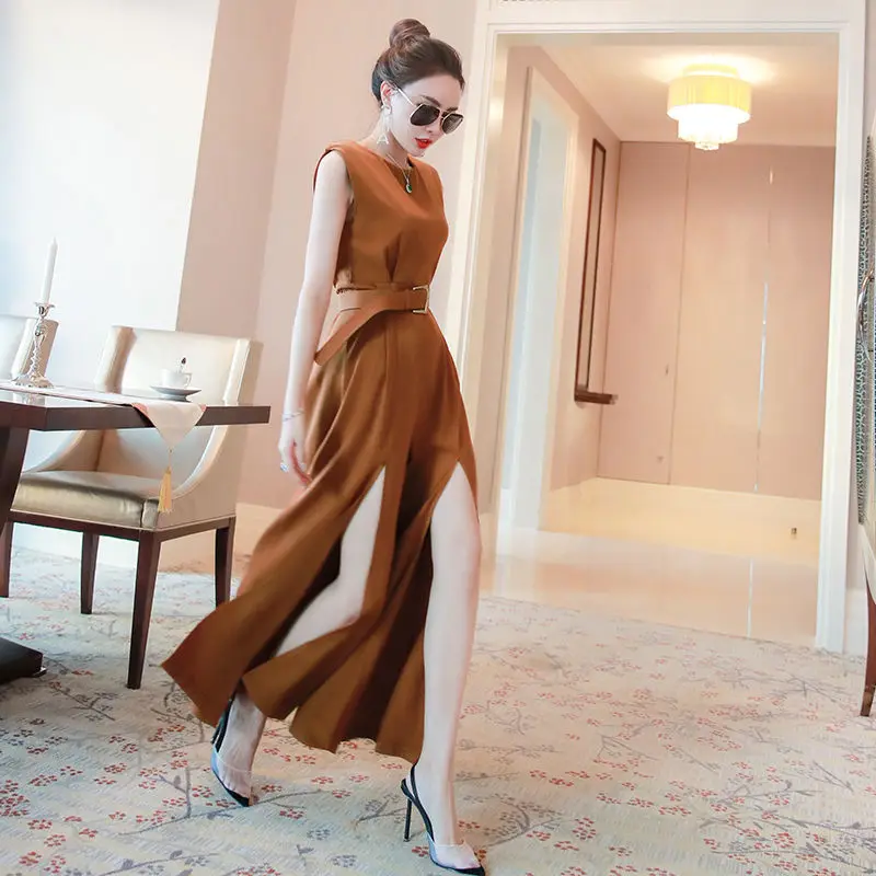 

Summer Fashion Female Elegant Loose sleeveless Jumpsuit with belt office lady wide leg Trousers Women Long Pants Overalls 2020