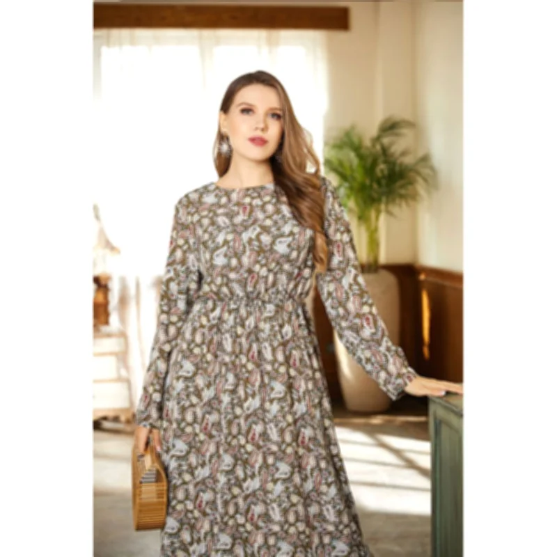 

Summer New Style Ladies Elegant Floral Temperament Fashion Printing Long-sleeved Mid-length Dress Women's Clothing WE18