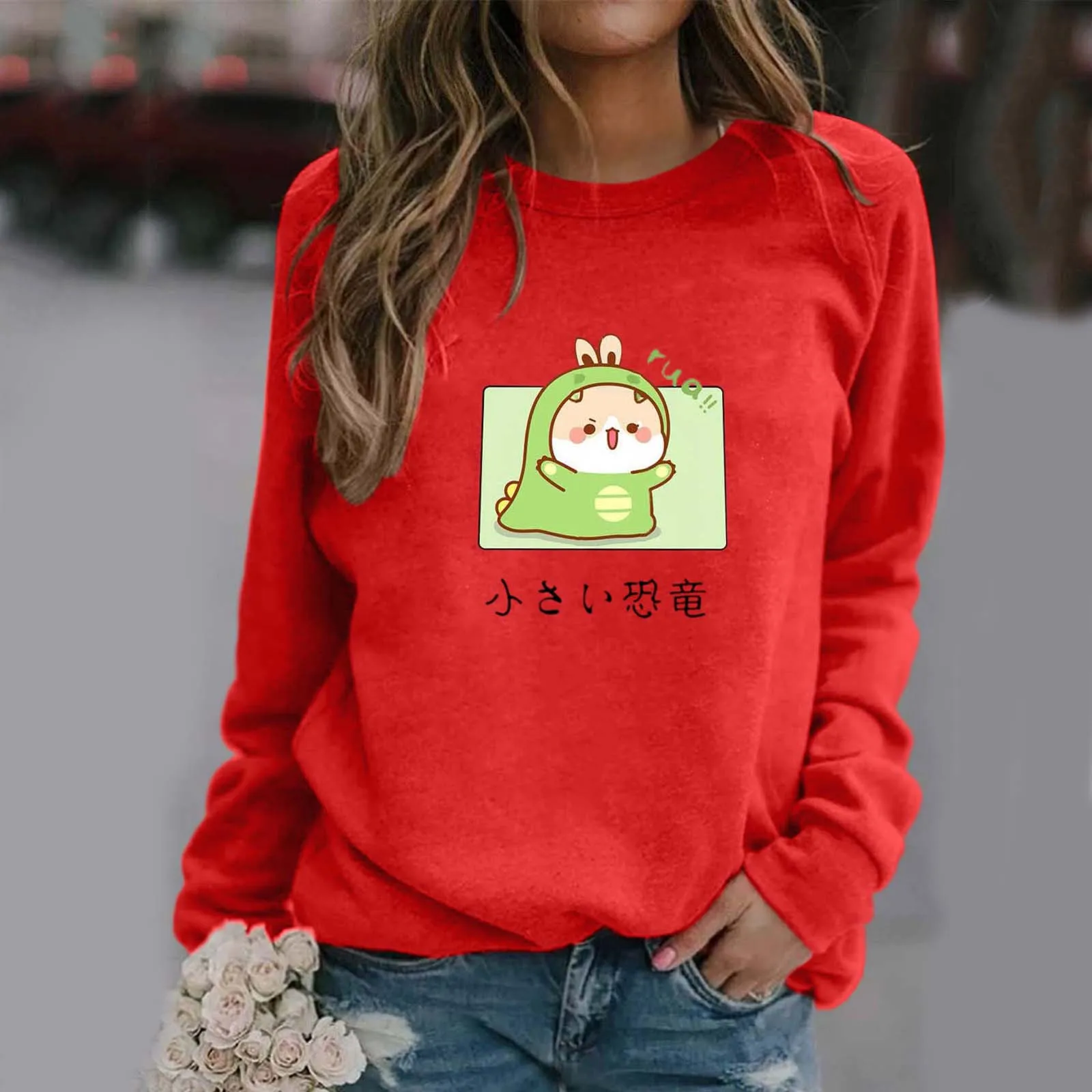 

Kawaii Sweatshirt Women Autumn O-neck Long Sleeve Pullovers Dinosaur Print Casual Fashion Loose Streetwear Female Tops Sudaderas