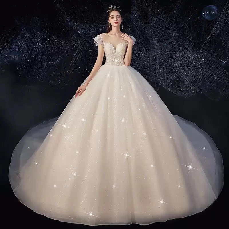 

Sequins Wedding Dress Luxurious O-Neck Empire Short Sleeves White Backless Floor-Length Plus Size Wedding Gowns For Women G398