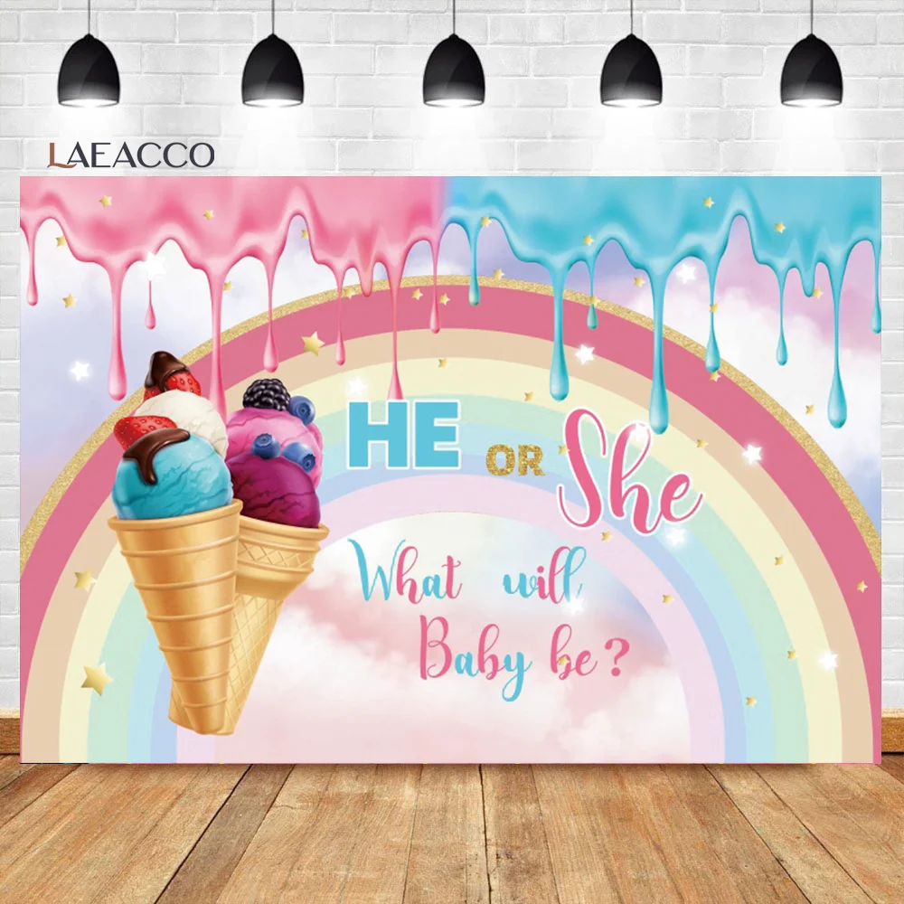 

Laeacco Baby Shower Gender Reveal Photocall Ice Cream Rainbow Background What Will Baby Be Customized Photography Backdrops