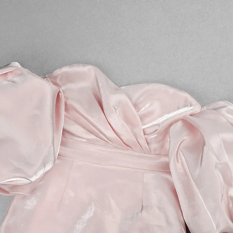 

UKCNSEP Pink Puff Sleeve Bodycon Min Dress 2021 Summer New Elegant Sexy Runway Off Shoulder Saitn Club Celebrity Party Dress