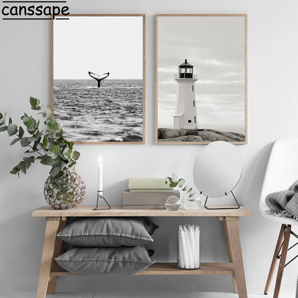 Черно белая Настенная картина Постер с маяком Пляжная Картина на холсте