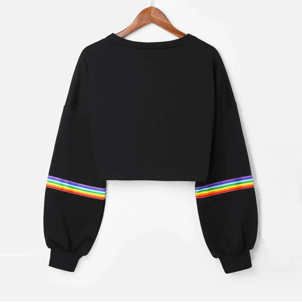 High Quality Womens Long Sleeve Striped Crop Rainbow Stripes Short Sweatshirt Jumper Black Pullover Top Sudadera Hoodies | Женская