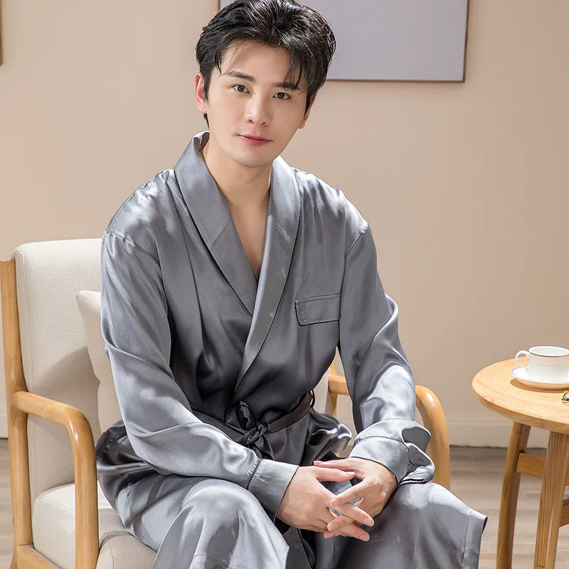 94% Mulberry Silk Men Kimono Robe Gown Sexy Lapel Bathrobe With Belt Summer Intimate Lingerie Casual Loose Sleepwear Loungewear