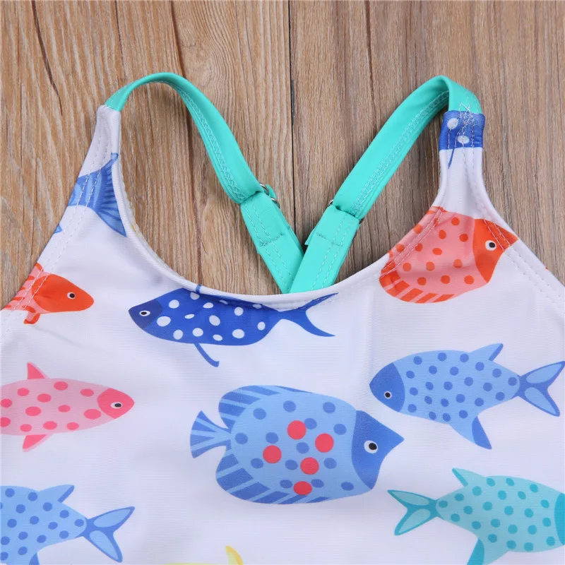 

2021 Fashion Kids Baby Girls Swimsuit Bodysuits Sling Romper Fish Dinosaur Printed Sleeveless Round Collar Summer Beach Clothes