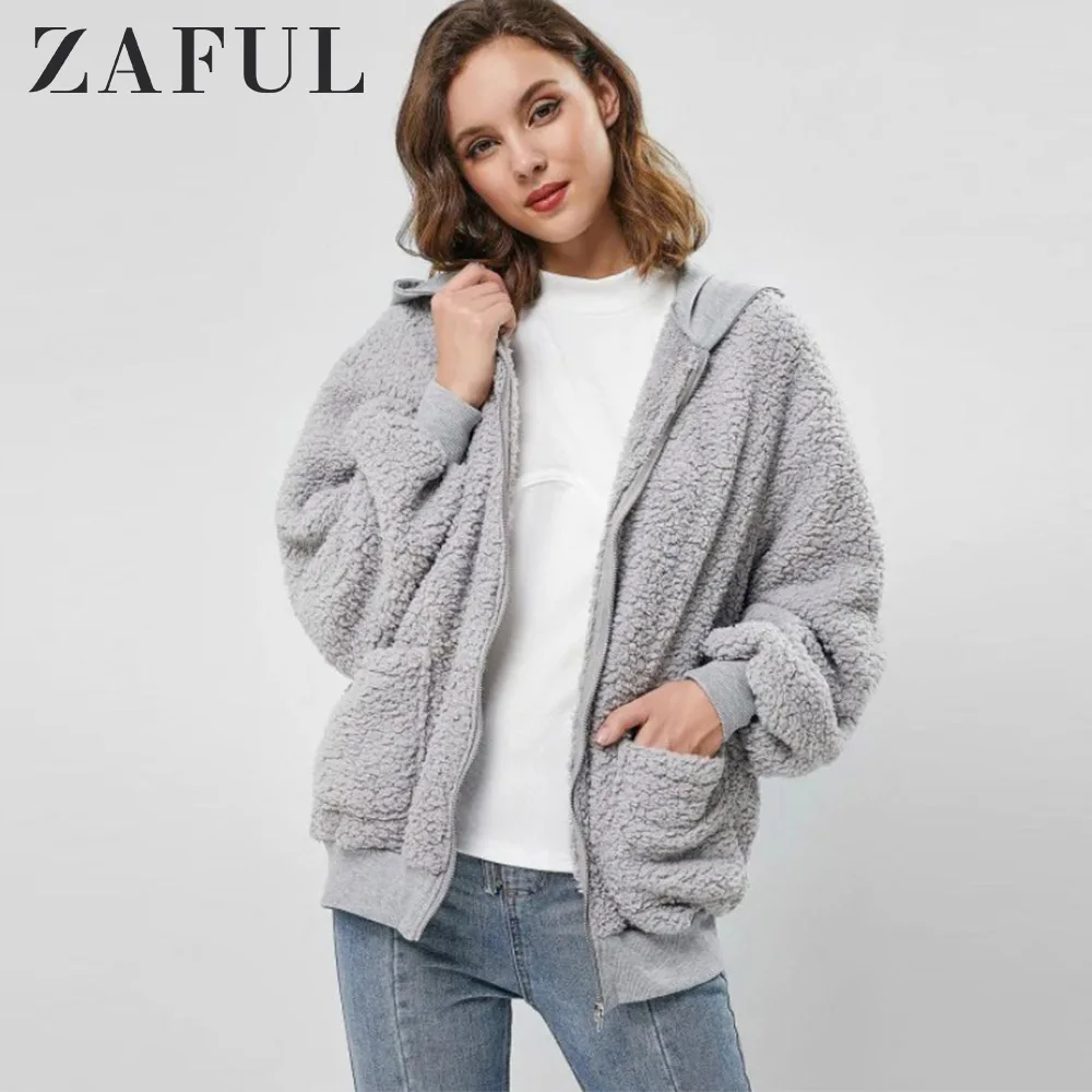 Женское пушистое пальто на молнии ZAFUL меховое с капюшоном и широкой талией