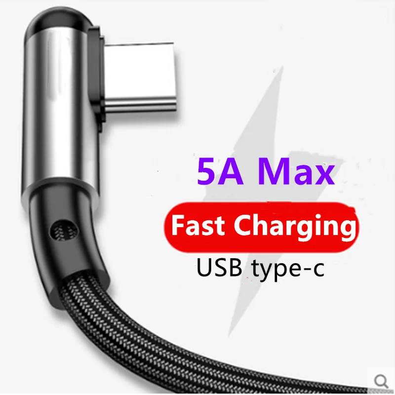

90 Degree Fast Charge Data Type C USB C Cable For Samsung S20 Huawei P40 Xiaomi 10 Type-c Charger Mobile Phone Nylon Cord Cable