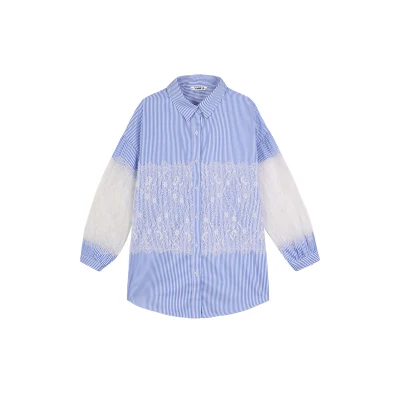 

Korean Blue Stripe Blouse Women Lace Patchwork Fashion Shirts Woman Sheer With Sleeves Tops Tops For Womens Casual Vintage