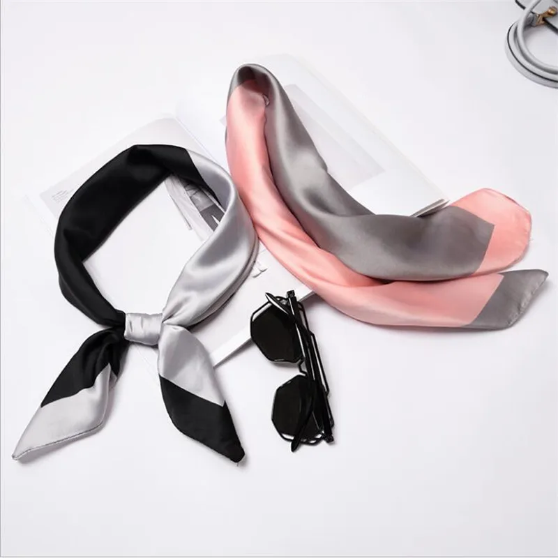 

New 70x70cm Women Multifunction Polyester Silk Scarf Elegant Patchwork Printed Satin Small Square Wraps Solid colorScarves Shawl