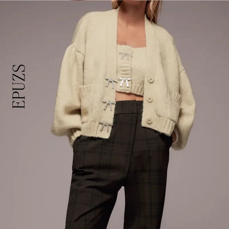 

Винтажный вязаный свитер с V-образным вырезом и карманами, Модный облегающий офисный теплый кардиган на пуговицах с рукавами-фонариками, женская одежда, шикарный топ