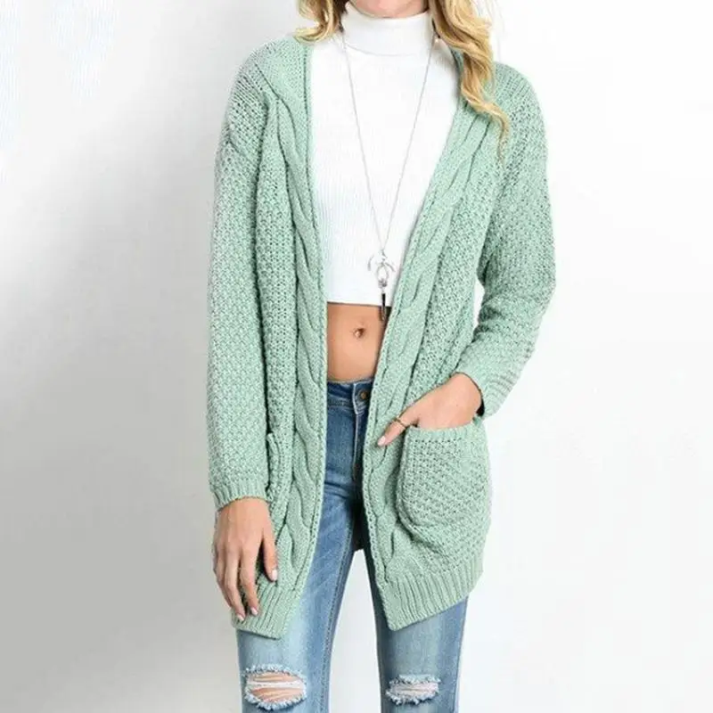

2021 autumn and winter new product mid-length plus size solid color pocket sweater ladies twist knit cardigan