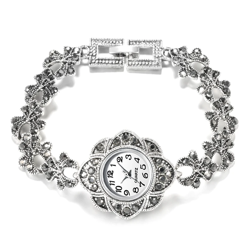 

Kinel Luxury Antique Tibetan Silver Wrist Watch Turkish Rhinestone Bracelet For Women Vintage Wedding Jewelry 2021 New