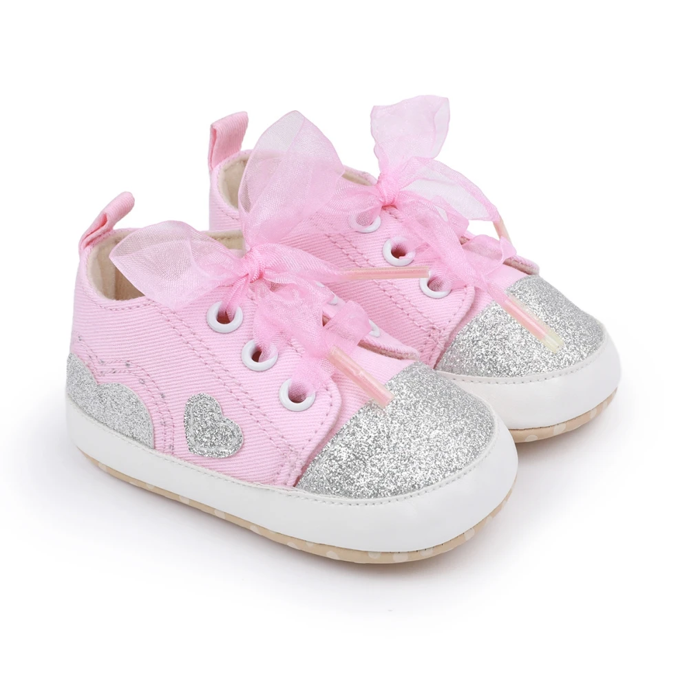 

Bobora Baby Soft Non-Slip Sole Shoes Infant Bling Heart Sneakers Boys Girls First Walkers Lace-up Casual Crib Prewalker 0-18M