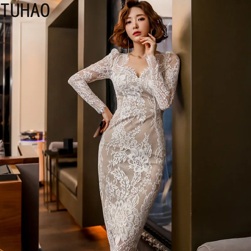 

2020 Women Dress Long Sleeve Loose White Black Dress Sexy V-neck Lace Night Club Woman Dresses Vestidos De Festa WM50