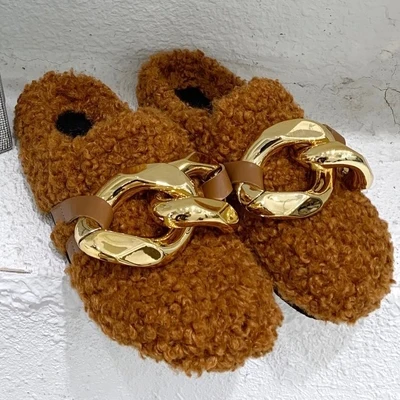 

New Baotou half slippers metal large chain lamb hair outer wear 2020 retro round toe platform mules Sapato Feminino Zapatillas