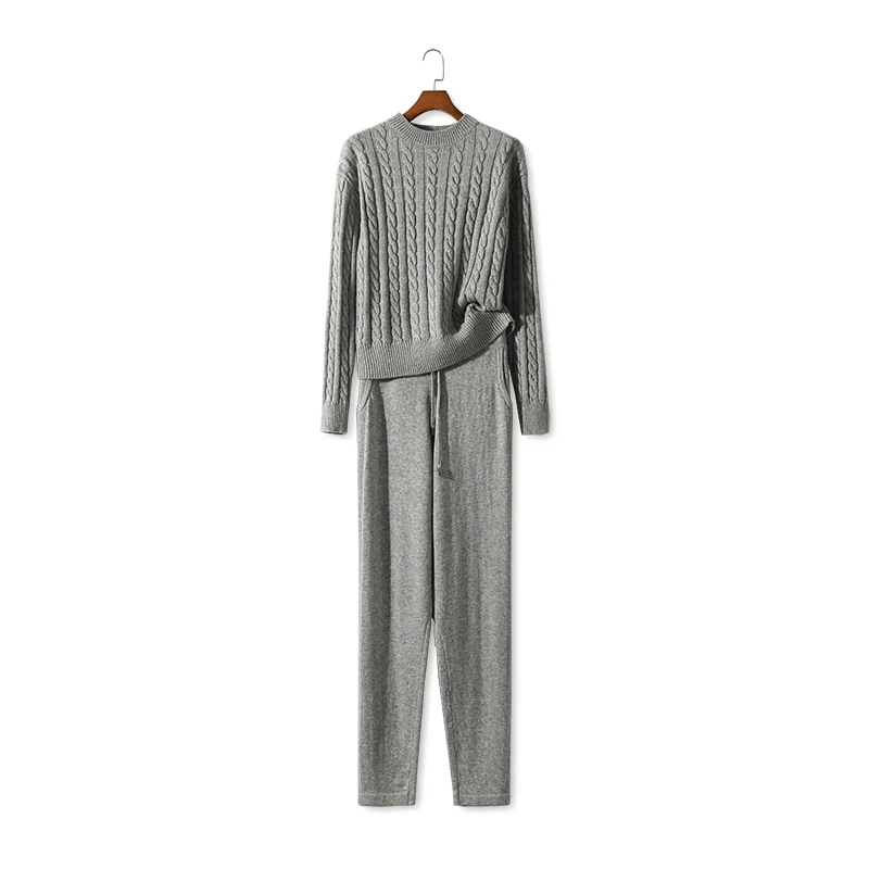 

Tracksuits New Real O-neck Arrival Women's Suit 2020 High-huality Cashmere Fashion Twill Sweater Pants Knitted Female Two-piece
