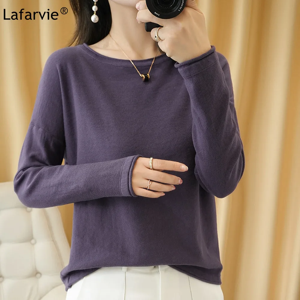 

Lafarvie 100% Cotton Woman Sweaters Brown O Neck Pullover Korean Fashion Loose Ropa Mujer Spring Autumn Haut Femme Long Sleeve