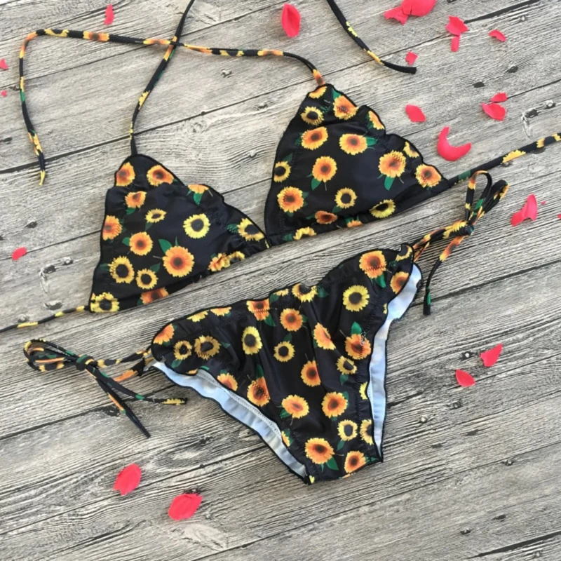 

Sunflower Printed Bikini Sexy Swimwear Women 2021 Push Up Padded Biquini Bathers Bandage Swimsuit Bathing Suit Set