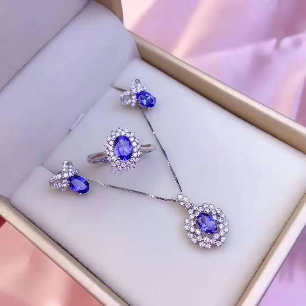 

Natural Tanzanite Jewelry Set S925 Solid Silver Necklace Earrings Ring Fashion Fine Weddings Jewelry for Women MeiBaPJ FS