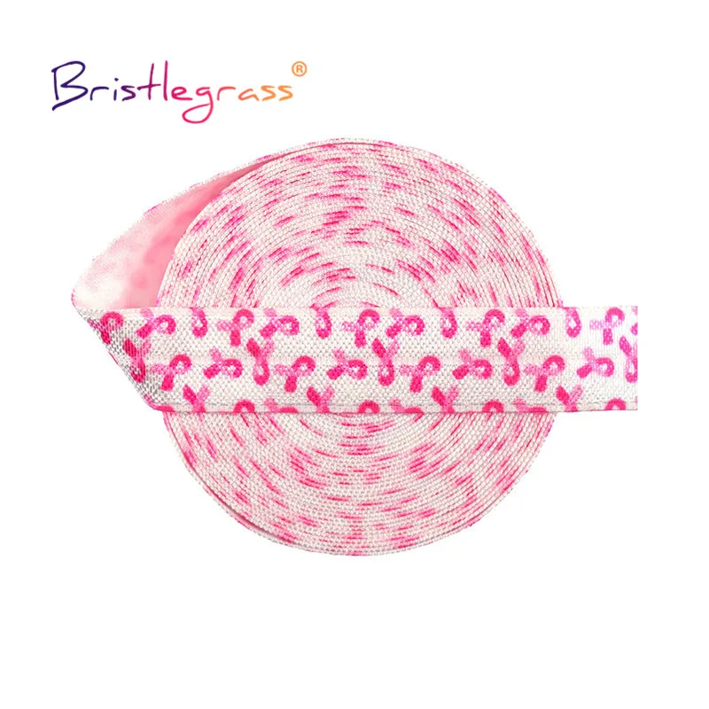 

BRISTLEGRASS 2 5 10 Yard 5/8" 15mm Breast Cancer Awareness Print Fold Over Elastics FOE Spandex Satin Bands Hair Tie Sewing Trim