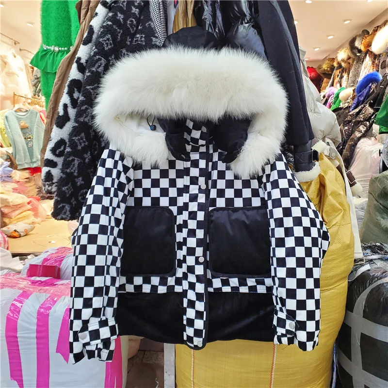 

SeeBeautiful Contrast Color Plaid Loose Thick Jacket Coat Stand Long Sleeeve Zipper Warm New Fashion 2021 Winter Women G812