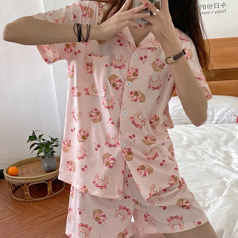 CAIYIER New Women Pajamas Suit Summer Short Sleeve Cute Pink Ice Cream Print Sleepwear Girl Leisure Pyjamas Leisure Wear Shorts