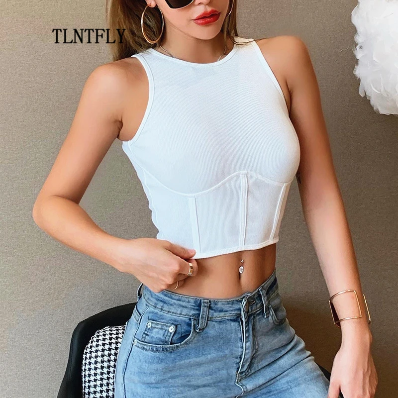 

Sexy Tops, Vests, Corsets, Women's Tight-Fitting Sleeveless Round Neck Stitching Short White Nightclub Summer Outfits For 2021