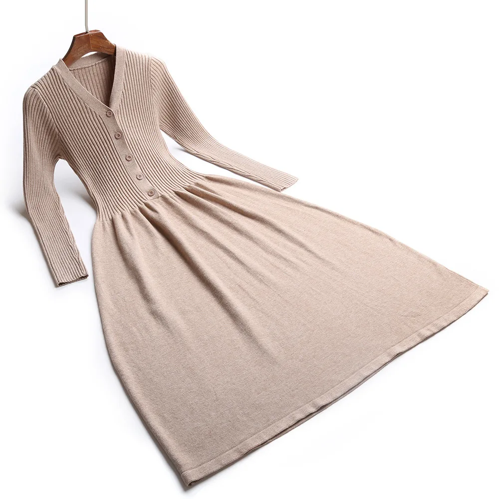 Женское трикотажное платье свитер с длинным рукавом и пуговицами|Женские платья|