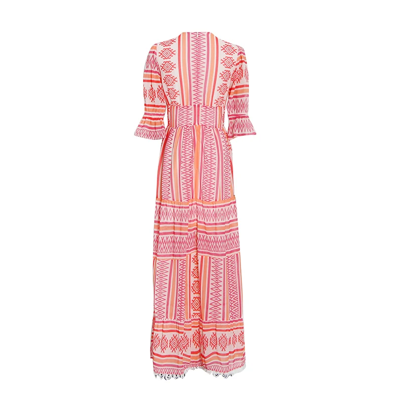 

CHICEVER Red Vintage Dress For Women V Neck Flare Half Sleeve Hit Color Print Mid A Line Dresses Female 2021 Summer Clothing New