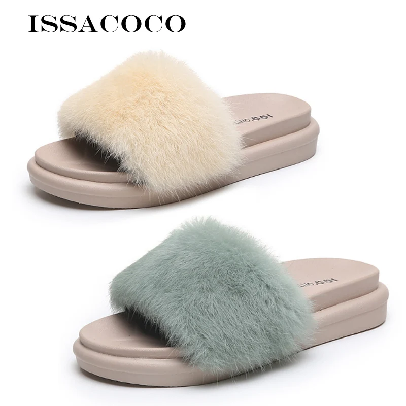 

ISSACOCO Women's Home Plush Slippers Sandale Real Rabbit Fur Fashion Slippers Fur Slides For Women Sandalias Ladies Female Shoes
