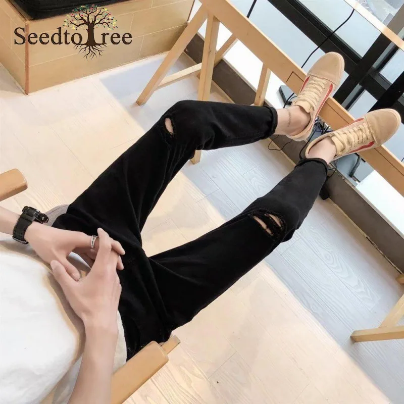 Solid Color Hole Casual Jeans Men's Slim Fit Ankle Length Denim Trousers