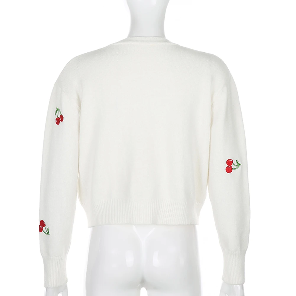 

V Neck Long Sleeve Knitted Cardigan Sweater Women Autumn Streetwear 90s Knitwear Preppy Style Cherry Sweater Blouse