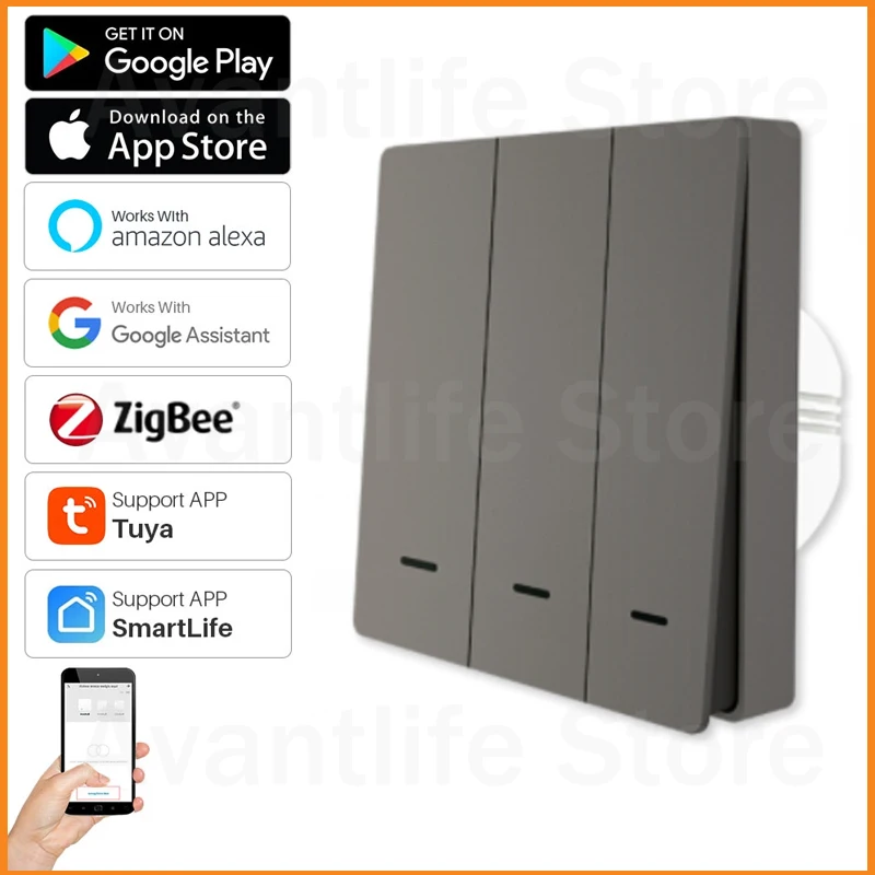 

Умный выключатель света Tuya Zigbee, выключатель с нулевым проводом, без конденсатора, работает с Alexa Google 2mqtt, 2/3 путей