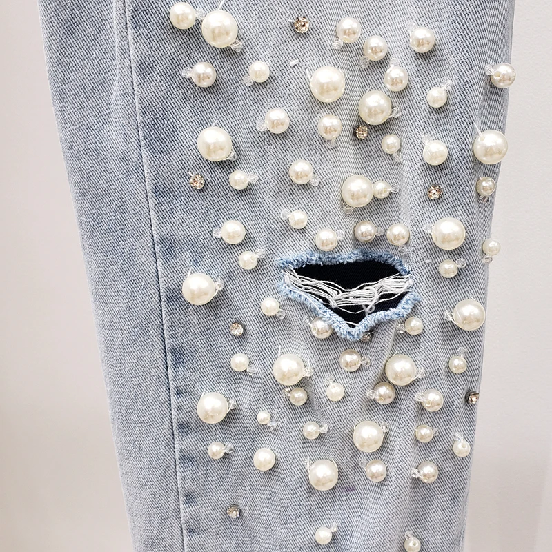 Женские джинсовые шаровары с жемчужинами и стразами повседневные свободные