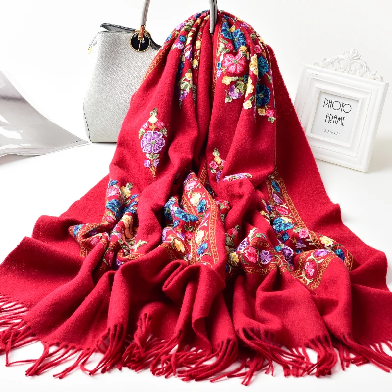 Winter Sheep Wool Scarf Women Flower Embroidery Solid Autumn Shawls Wraps for Ladies Tassels Warm Thick Large Scarves |