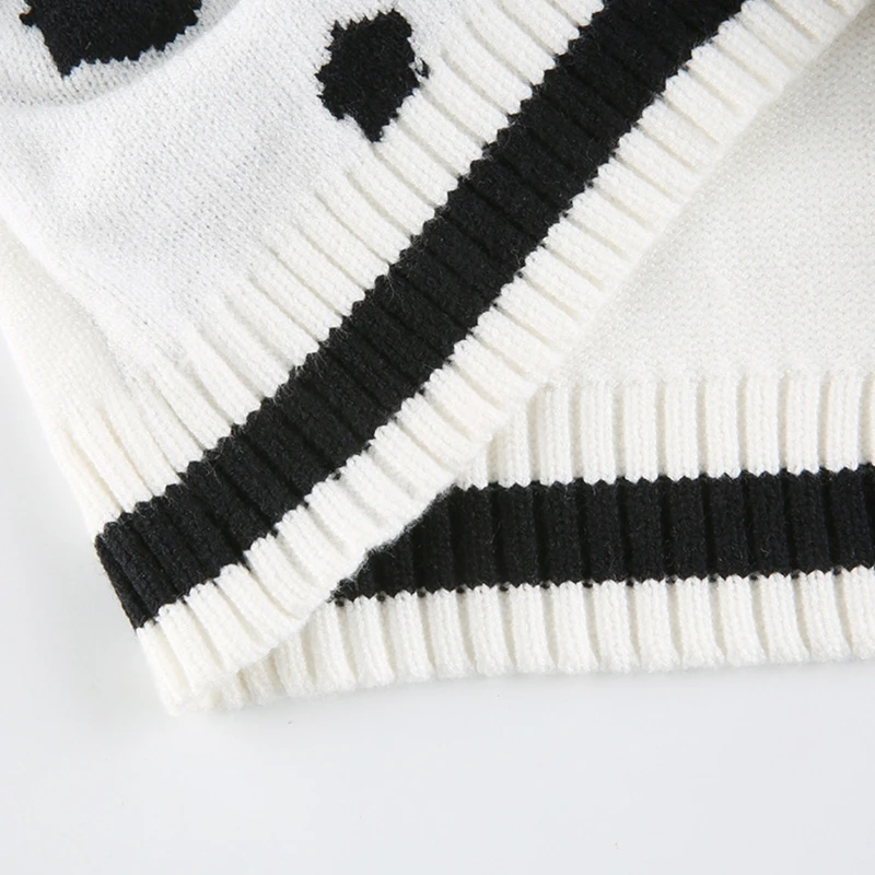 

Women Autumn V-Neck Knitted Slim Vest Milk Cow Animal Printed Sleeveless Sweater Preppy Style Casual Pullover Crop Tank Top Stre