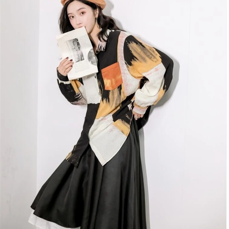 

Mixed Women Printed Color Split Blouse New Lapel Long Sleeve Loose Fit Shirt Fashion Tide Spring Autumn 2020