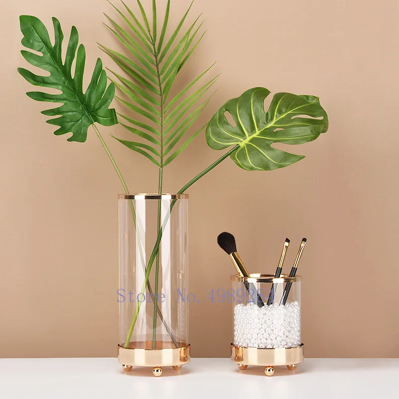 Стеклянная ваза золотистая прозрачная металлическая современная домашняя