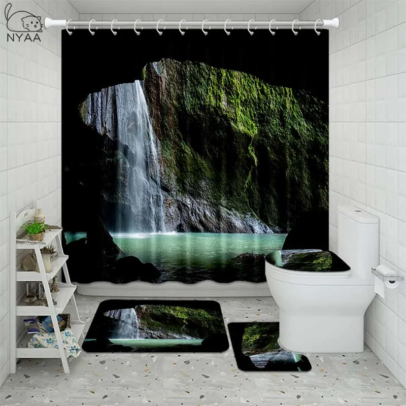 Economici 3D Cascata Scenario Tenda Da Doccia Impermeabile Bagno Paesaggio Alberi Fiore Tappetino Da Bagno Set Piedistallo Coperchio Coperchio Wc