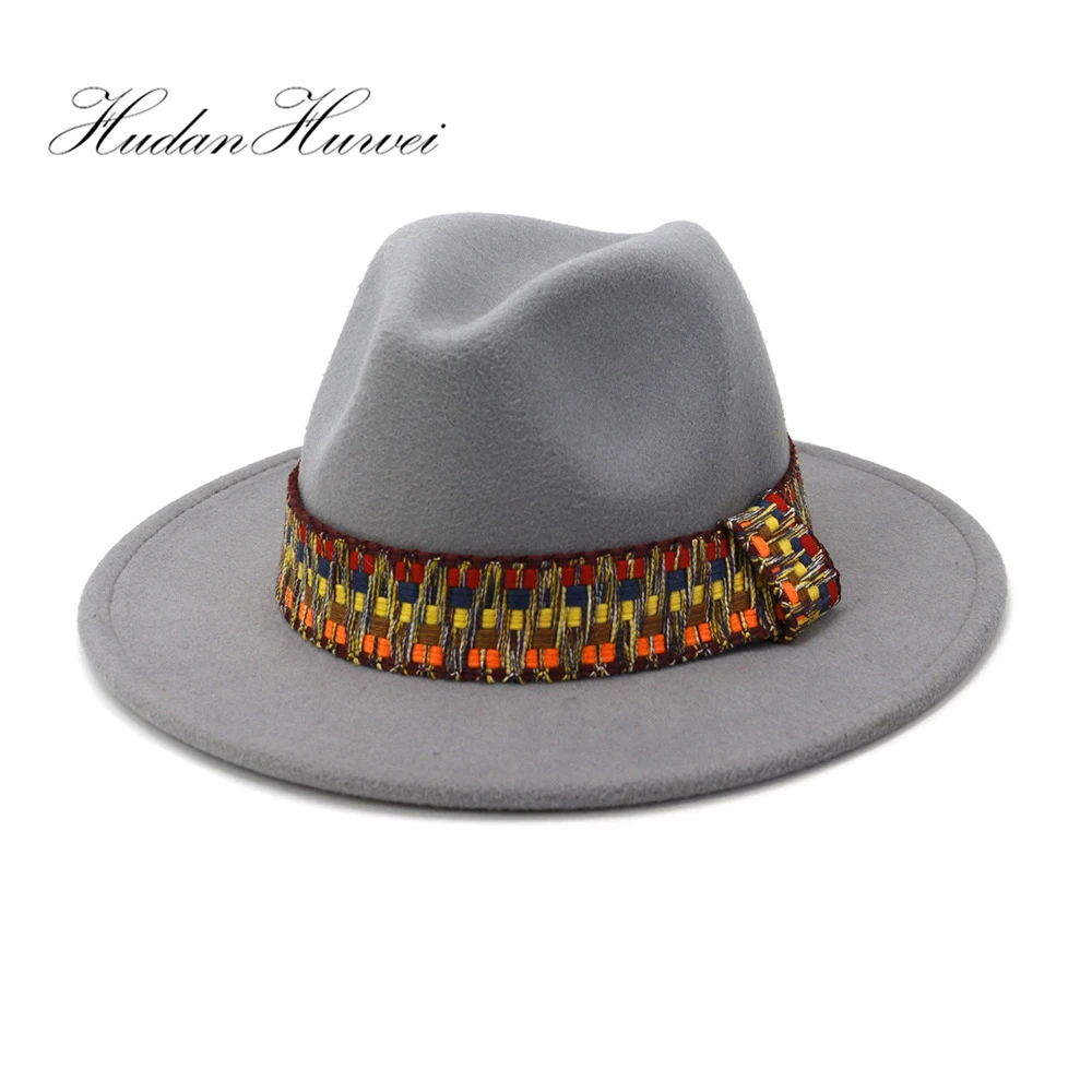 

Hot Sell British Classical Autumn Winter Woolen Felt Fedora Hat Wide Brim Gentleman Elegant Ladies Top Caps