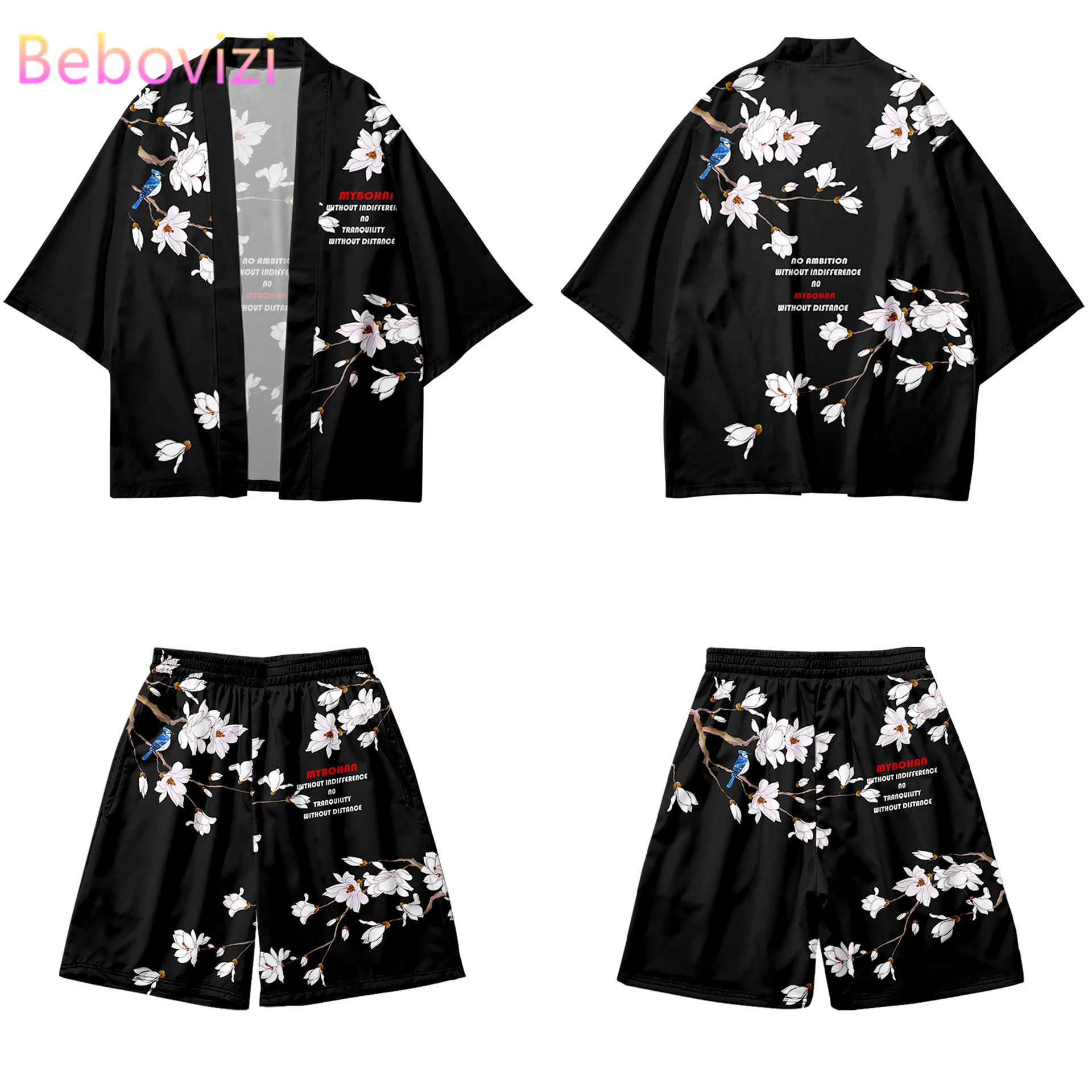 

Japanese Flowers Print Cardigan Harajuku Cosplay Kimono Shorts Sets Yukata Asian Clothing Shirt Women Men Haori Two-piece Suit