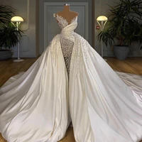 dubai muslim beaded wedding dress 2021 luxury long mermaid wedding gowns with overskirt customized pearls bridal gown plus size
