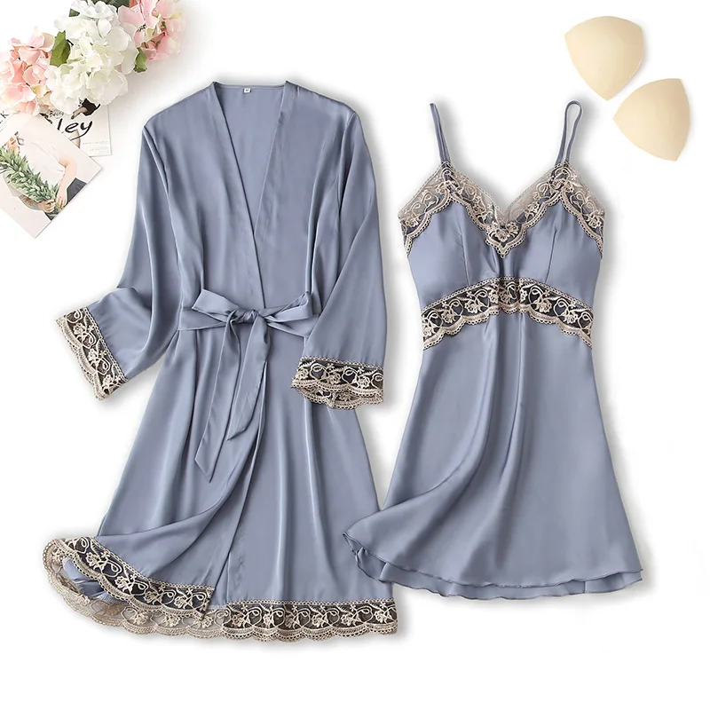 

Silky Satin Sleepwear Women 2PCS Nighty&Robe Suit Sexy Intimate Lingerie Kimono Bathrobe Gown Casual Nightgown Homewear