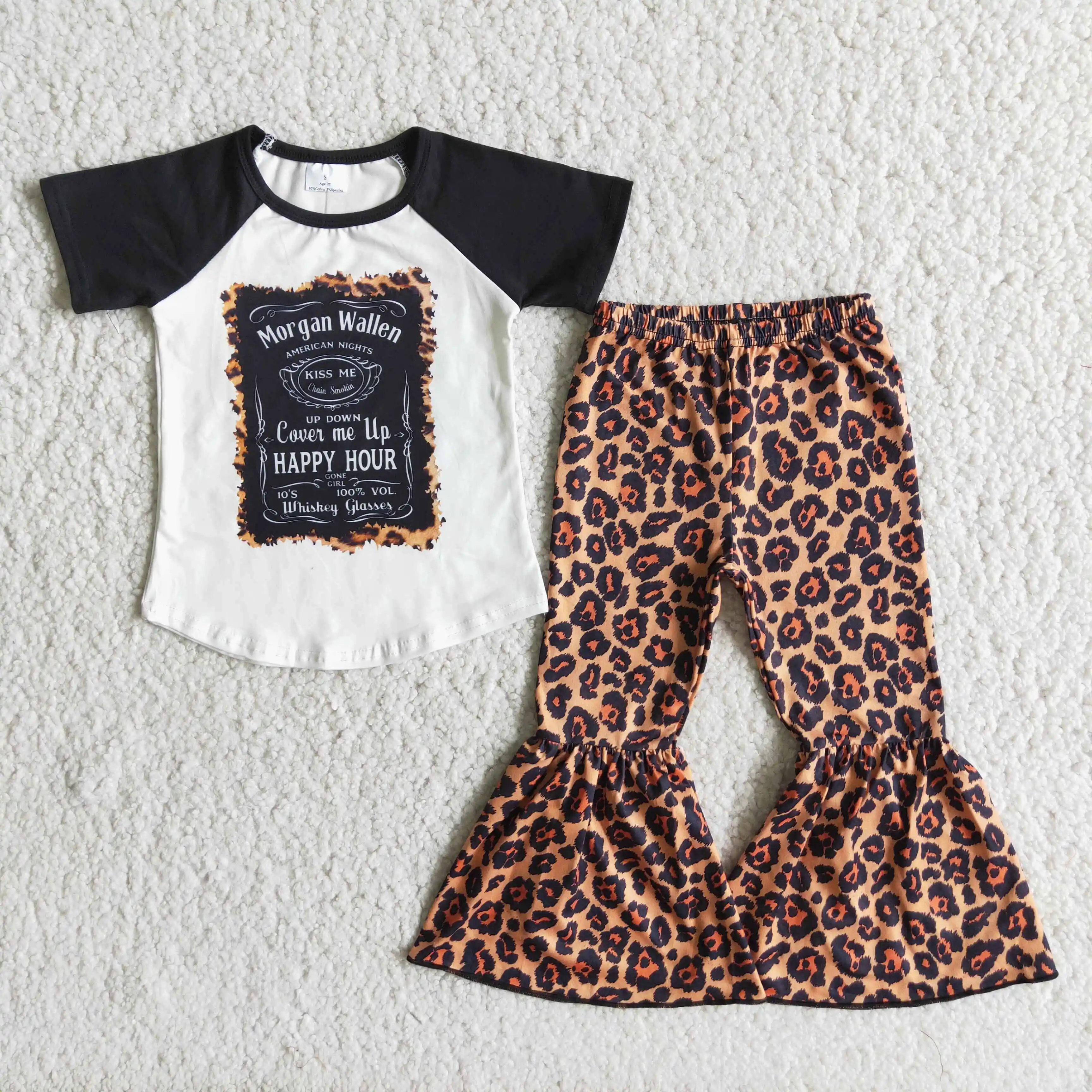

Children's fashion girl summer black short-sleeved leopard-print flared pants suit
