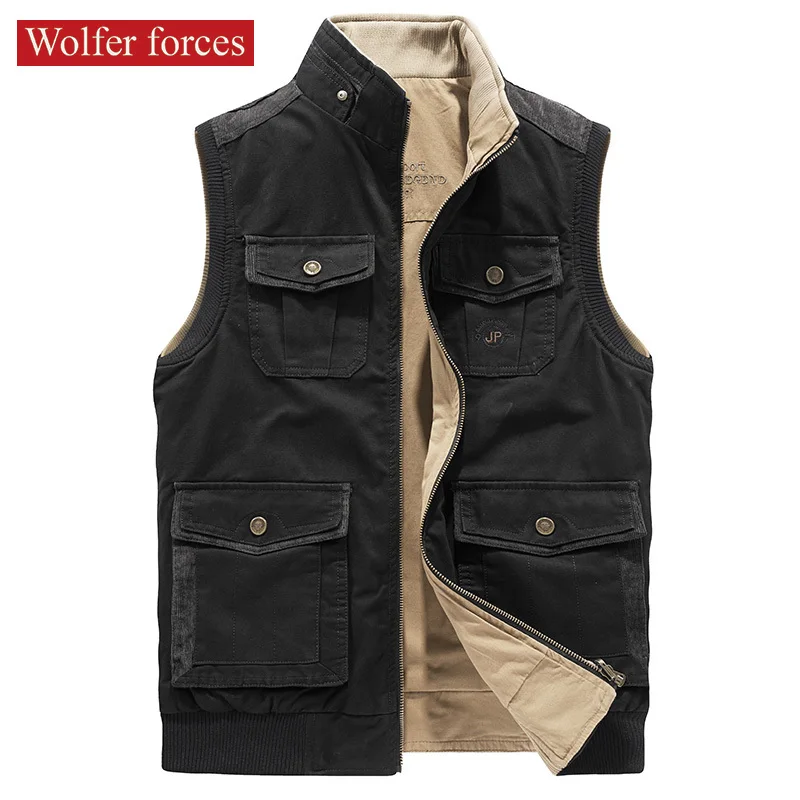 Double Sided 8XL Big Vest For Men's Autumn And Winter Leisure Multi Pocket Tooling Vest Cotton Large Fishing Mountaineering Vest